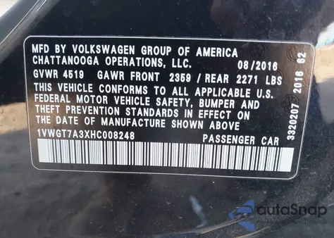 2017 Volkswagen Passat 1.8T Se z USA, uszkodzony, nr VIN 1VWGT7A3XHC008248
